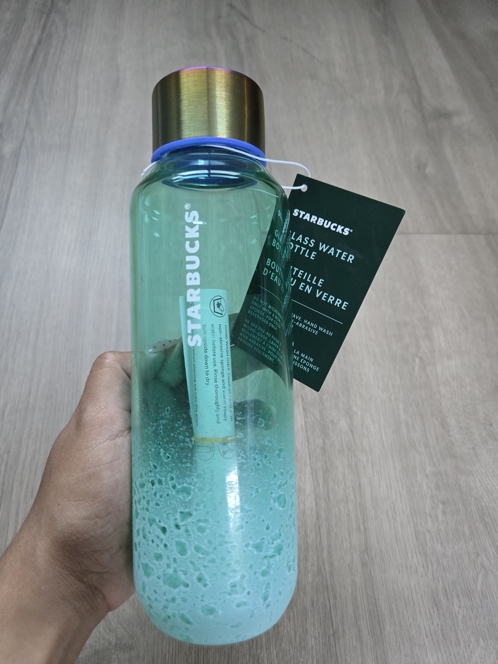 Starbucks Aqua Glass Water Bottle with Metallic Cap